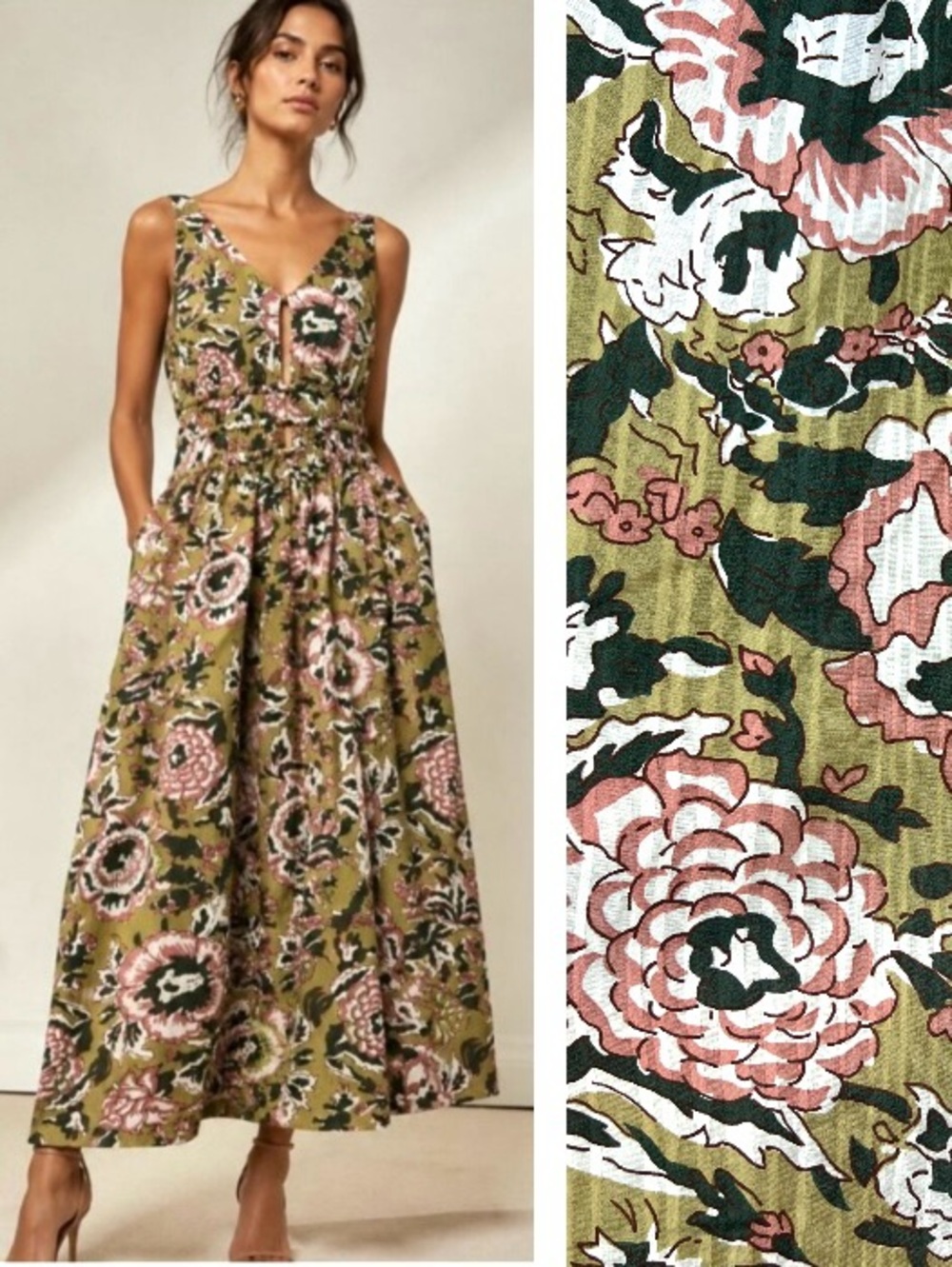 Caroline Constas Midi floral sundress olive dark green pink white size L - Picture 1 of 15